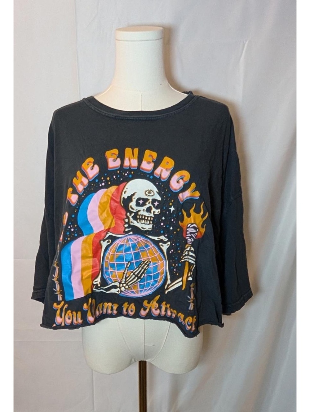 Boss Dog Art Dept. XXXL Oversized Cropped Tee with Raw Hemline Colorful Skeleton